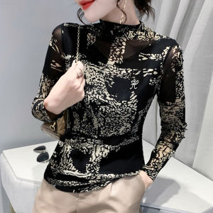 REHIN เสื้อยืดแขนยาวตาข่ายคอสูงหรูหรา-เสื้อผู้หญิงสลิมฟิตกราฟิกฤดูใบไม้ร่วงฤดูหนาว