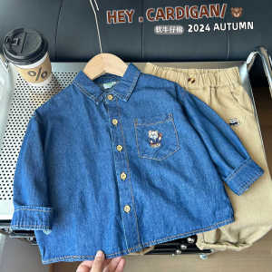 Soft Cotton Denim Shirt for Kids Long Sleeve Washed Cartoon Embroidery Baby Top Boys Spring Autumn Casual Pure Color Shirt