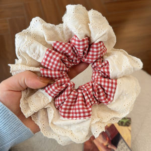 French Heavyweight Red Plaid Double Layer Lace Butterfly Knot Large Hair Tie: A Fashionable Atmosphere New Style Hair Accessory