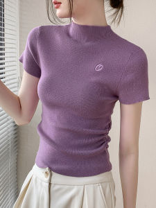 GEBEISHANG | Half-High Collar Embroidered Short Sleeve Knit Blouse