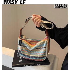 กระเป๋าสะพายข้างผ้าถักสไตล์ใหม่สำหรับผู้หญิงในช่วงฤดูร้อนปี 2025 กระเป๋าสะพายข้างแบบสะพายข้างแบบลำลองสีบล็อก กระเป๋าถือแบบมีซิป