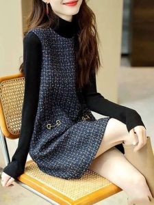 ชุดเดรสคอตั้งแขนกุดทรงเข้ารูปสไตล์สตรีทแฟชั่นฤดูใบไม้ผลิและฤดูใบไม้ร่วง กระโปรงทรงเอยาวปานกลาง ชุดเดรสผู้หญิง