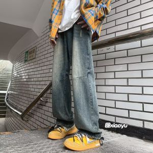Washed Denim Jeans Mens Spring Autumn American Retro Patchwork Loose Wide Leg Casual Long Pants Wear Resistant Straight Tube