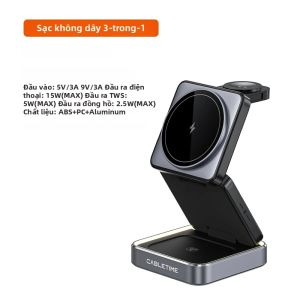 CABLETIME Đế Sạc Không Dây 3 Trong 1 15W Có Thể Gập Lại Từ Tính Tương Thích Với iPhone 16/15/14 Iwatch Airpod Samsung - Sạc Nhanh