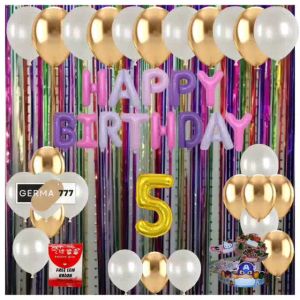 Paket Set Dekorasi Pesta Ulang Tahun Anak Banner Foil Huruf Happy Birthday Ungu Balon Putih Gold