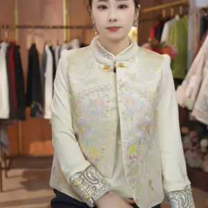 Fashionable Young Style Heavy Embroidery Flower New Chinese Style Womens Vest Winter Cotton Sleeveless Jacket Shoulder Pad Thickened Vest