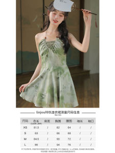 New 2025 Lingjiu Chinese Style Midi Dress Green Floral Print Halter Neck Slimming A-Line Skirt Summer Womens Fashion Dress