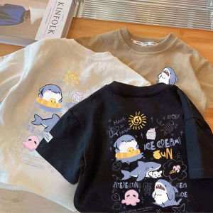 Cute & Relaxed Cartoon Dolphin Print Cotton Short Sleeve T-shirt