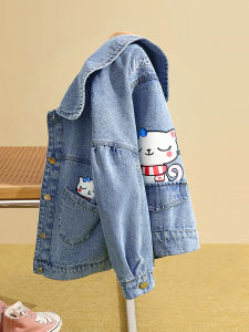 Adorable Cat Design Cotton Denim Jacket for Girls Spring Autumn Korean Style Pure Cotton Outerwear Trendy Childrens Clothing
