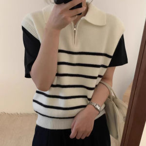 Korean striped zipper polo collar patchwork contrasting color knit sweater for women  2025  new style    fake two-piece top