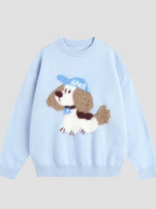 Retro American Furry DogKnobknit Casual Female Sweatshirt Floral Knitted Knitwear Jacket Outerwear Base Layer T Neck Pullover