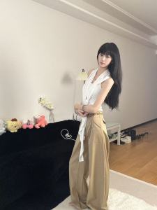 Khaki Wide Leg Pants Womens Extra Long Loose Slimming Drapey Casual Trousers High Waist Straight Cut Summer Thin Fabric