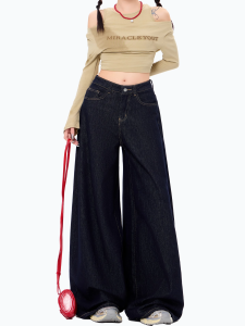 Deep Blue American 2025 Autumn Winter Loose Wide Leg Denim Jeans Womens New Lazy Casual Floor Length Straight Pants