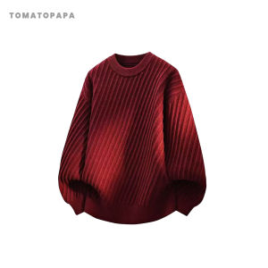 TOMATOPAPA | Áo Sweater Cổ Tròn Dệt Kim Dây Lỏng Tay Dài Đơn Giản Màu Đỏ