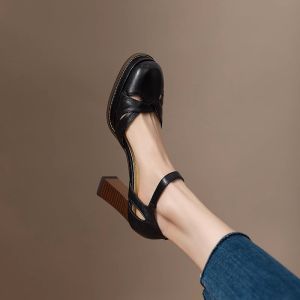 French Style Soft Leather High Heel Sandals with Buckle Fashionable Waterproof Platform Womens Shoes Summer New Arrival