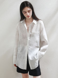 Miccbeirn | 100% Linen Long Sleeve Embroidered Shiny Sequin Shirt Artistic Casual Commute Top Women Loose Fit Button Down Plain Color