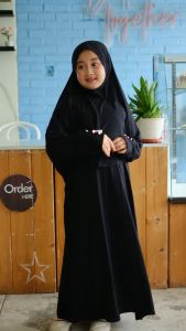 Lucuna Abaya Fatimah Hitam - Abaya anak perempuan / abaya umroh anak / Gamis anak syari set khimar Junior [Size 2-10 Tahun]