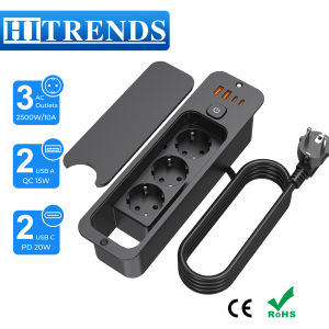 HITRENDS EU Desktop Recessed Socket Built in Power Strip with 2 USB 2 Type C PD 20W Fast charge Multi-Plug 3 Outlet with 1.8 M