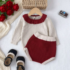Bear Leader Ternos Nowborn Girl Knitting Clothes Set Autumn Hollow Lotus Leaf Collar Knitted Top and Short Trendy Korean Suits for Toddler Clothing 6 Monthes To 2 Years
