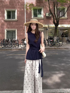 YUFUQING | Blue French Ruffle Neck Sleeveless Top And High Waist Wide Leg Pants Set Women Summer New Polka Dot Two Piece Suit Casual Wear