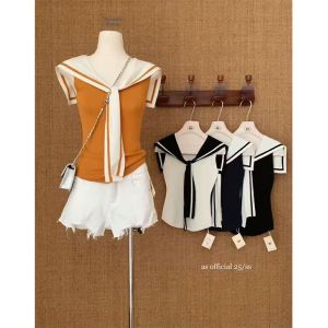 French Style Navy Collar Orange Iced Silk Knitted Sleeveless Tank Top