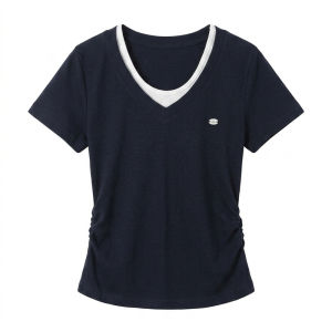 Illusion Two Pieces Colorblock V-neck Waist-accentuating Women T-Shirt