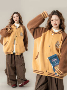 Vintage Colorblock Embroidery Baseball Jacket Loose Fit Casual