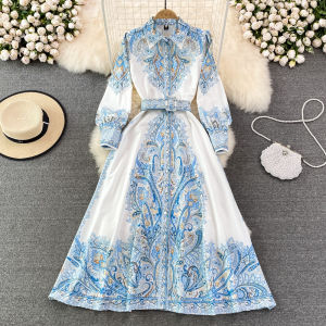 Fancy Vintage Court Style Celadon Printed Waist-Controlled Slim Looking Single-Breasted A- line Dress Elegance Large Swing Dress