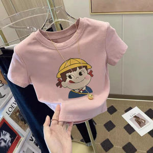 Pink Short Shoulder Womens T-shirt Slim Fit Design Summer New Style High Waist Short Sleeve Body Shirt Korean Style Cotton Blend