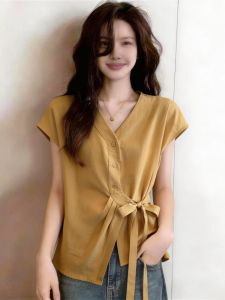 Slimming Tie Waist Short Sleeve V-neck Top