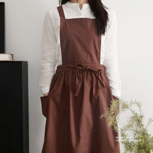 Summer Long Cotton Kitchen Apron with Pockets Water-repellent Pleated Apron for Beauty Salon Nail Shop Cooking Working Pinafore