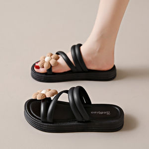 Womens Floral Sandals Summer Outdoor Wear Thick Bottom Versatile French Beach Slippers Match Skirts Casual Low Heel PVC