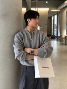 Vintage Style Zip Front Grey Polo Sweater Men
