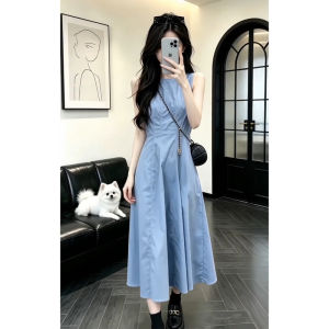 ZHENMANZI | Elegant French Style Blue Dress Slimming Waist Cinching A-Line