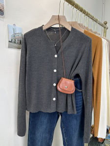 Short Wool Blend Knitted Cardigan Womens round Neck Long Sleeve Outerwear Spring Autumn Season Solid Color Commute Style