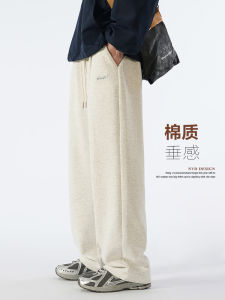 Gray Straight Leg Wide Leg Pants Men Casual Sports Long Pants Autumn Winter New Large Size Fleece Lined Embroidered American Thickened