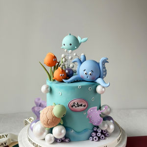 Ocean Cake Decoration Octopus Turtles Whales Poofish Manta Rays for Kids Happy Birthday Party Cake Topper Baby Shower Gifts