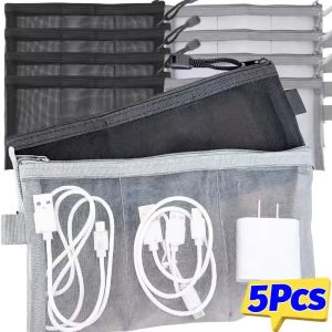 5pcs Large-Capacity Nylon Mesh Pen Case / Multi-functional Three-compartment Storage Bag / Portable Data Cable Makeup Mesh Pouch with Zipper