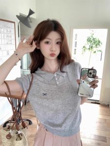 Polo Collar Embroider Small Bowknot Short Sleeve Knitwear High Texture Vertical Grain Cable Stitch Thin Pure Color Polo Collar Top Women