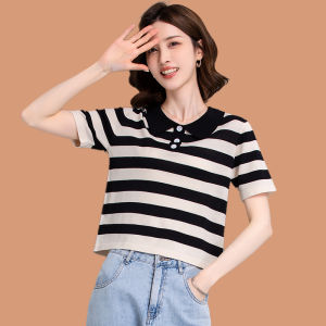 Silk Ice Knitted Short Sleeve T-Shirt High Waist Doll Collar Stripe Pattern Womens Fashion Summer Top Loose Fit Korean Style