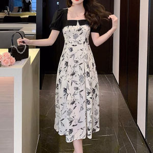 Women Flower Sundress Formal Square Neck Bubble Sleeve Dresses Women New Style 2024