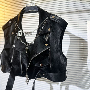 Stylish American Chain Painted PU Leather Vest Womens Short Jacket Cool And Handsome Design Trendy Outerwear for Ladies