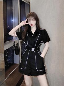 Glowing Strip Workwear Shorts Summer 2024 New Korean Style High Waist Slimming Short Sleeve One-Piece Pants Polyester Fiber