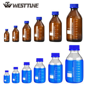 WESTTUNE 1Pcs 25-1000ml Lab Brown/Clear Graduated Round Reagent Bottle Glass Media Storage Bottles with Blue GL45 Screw Caps