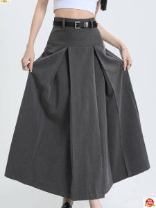 Váy Blazer màu xám cạp cao – Vải sợi polyester dài nửa chiều chữ A phong cách mặt ngựa JK thời trang với chi tiết bỏ túi vải xếp nếp