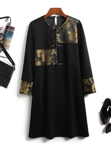Elegant Oriental Style Reversible Button round Neck Midi Dress Womens Traditional Pattern Splicing Long Sleeve A-Line Dress
