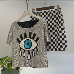 RYRYSTYLE Sequin Set Luxury Top Half Plaid Skirt Slim Fit Womens Performance Clothing Can be purchased separately