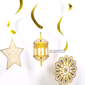 6pcs EID Mubarak Decoration Swirl Banner Star Moon Ceiling Hanging Ornament Ramadan Kareem Islam Muslim Party Supplies