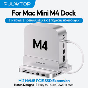 PULWTOP 9 in 1 Aluminum Vertical USB-C Hub for Mac Mini M6 M5 Pro M4/M4 Pro Hub Stand 2xUSB-A 2.0 3.5mm Audio SD/TF