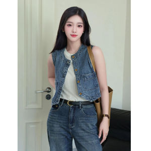 เสื้อกั๊กยีนส์ทรงเข้ารูปสไตล์ย้อนยุคสำหรับผู้หญิง คอกลม แขนกุด แฟชั่น ฤดูร้อน ไซส์ใหญ่ เสื้อคลุมกันหนาวแบบเปิด ผ้าเดนิม